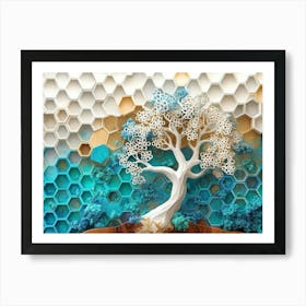 White Lattice and Ethereal Tree On Oak, Complemented by a Mix of Turquoise and Colorful Art Print