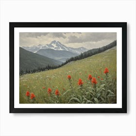 Vintage Oil Painting of indian Paintbrushes in a Meadow, Mountains in the Background 4 Art Print