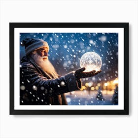 A Snowy Holiday Evening Time Scene Featuring A Man Holding A Luminous Orb That Glimmers With Encapsu (6) Art Print