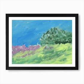 landscape painting acrylic impressionism green blue purple nature sky forest field flowers soothing calm Art Print