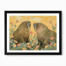 Floral Animal Illustration Walrus 2 Art Print