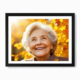 Elderly Woman Radiating Joy Amidst Crisp Autumn Leaves Close Up Orange Yellow Foliage Surrounding (6) Art Print