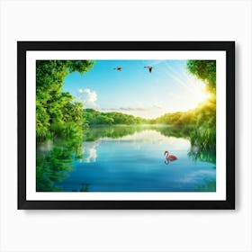 Green Flamingo Mid Glide Over A Glass Like Lake Reflection Rippling Beneath Whimsical Atmosphere Art Print