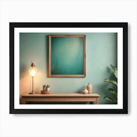 A Wooden Table With A Framed Print Of A Blue And Beige Abstract Painting, A Lamp, Potted Plants, And Ceramic Vases Art Print