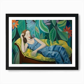 Art deco floral art. Woman In A Blue Dress Art Print