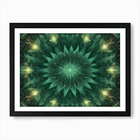 A Symmetrical, Geometric Pattern Resembling A Stylized Flower With A Green And Gold Color Scheme Art Print