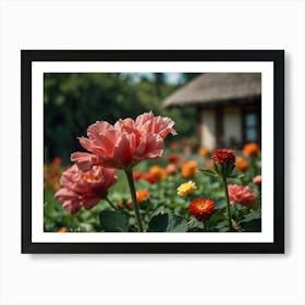 Pink Flowers In Front Of A House Art Print