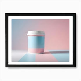 A Minimalist Image Of A White Bottle With A Pink And Blue Label, Set Against A Pink And Blue Gradient Background, Representing A Product Or Branding Mock Up Art Print