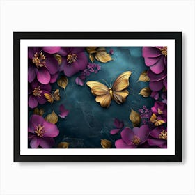 Purple Flowers with Golden Butterfly Poster