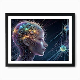 A Digital Illustration Of A Woman S Profile With Glowing Lines Emanating From Her Head, Connecting To A Group Of Colorful, Neuron Like Structures 1 Art Print