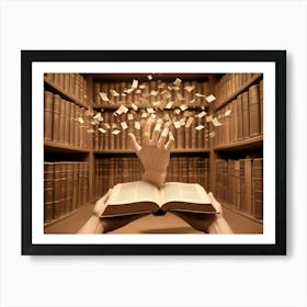 A Magical Scene With An Open Book And A Hand Reaching Out From The Pages, Casting Golden Sparks And Book Pages Into The Air Art Print