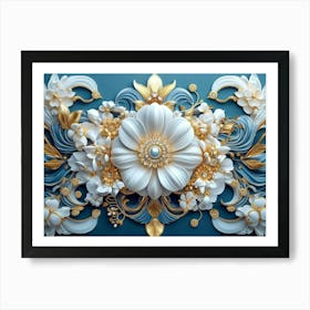 An Intricate 3d Artwork Illustration with A White and Blue Backdrop, Embellished with Gold Jewelry Art Print