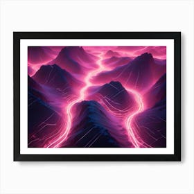 A Futuristic Landscape With Pink, Neon Lines Tracing Paths Through A Mountainous Terrain Art Print