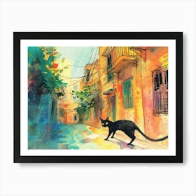 Alexandria, Egypt   Black Cat In Street Art Watercolour Painting 3 Art Print