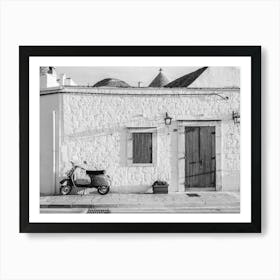 Vespa and a typical Italian house| Black and White Wall Art | Alberobello | Italy Art Print