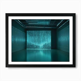 A Dark Room With A Large Screen Displaying A Digital Pattern Of Glowing Blue Lines And Particles, Creating A Futuristic And Immersive Experience Art Print