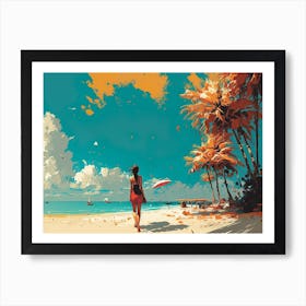 Woman Walking On The Beach Art Print