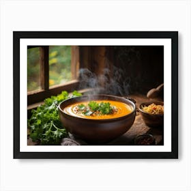 Autumn Pumpkin Curry Soup Steaming In An Earthenware Bowl Vibrant Orange Against Dark Green Lettuc (5) Art Print