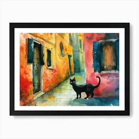 Black Cat In Venice, Italy, Street Art Watercolour Painting 2 Art Print