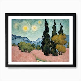 Van Gogh Style Landscape Pink Grass Art Print