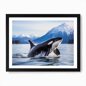Realistic Photography Of Orca Whale Diving Out Of Water, Mountain In The Background Art Print