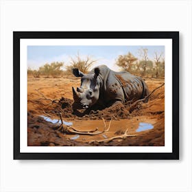 Black Rhinoceros Muddy Wallowing Realism 1 Art Print