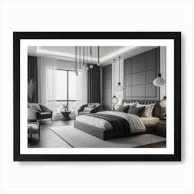 Contemporary bedroom interior design in black white and grey Art Print