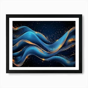 Abstract Blue And Gold Wave Design With Fluid Lines And Glowing Stars On A Dark 1 Art Print