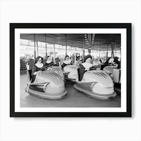 Nuns Driving Bumper Cars, Funny Vintage Black and White Old Photo Art Print