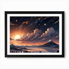 A Stunning Landscape Of A Mountain Range Silhouetted Against A Colorful Sunset Sky Filled With Stars And A Bright Moon Art Print