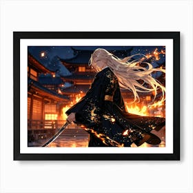 Anime - A Man with Sword at Burning Villages Art Print