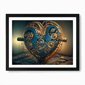 A Mechanical Heart Composed Of Gears And Cogs With A Blue Metallic Exterior Art Print