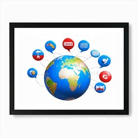 Blue Globe Three Dimensional Icon Designs Of A Speech Bubble And A Translator Symbol Fused Into The 2 1 Art Print