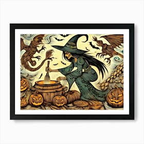 The Enchanting Witch's Brew And Pumpkins Art Print