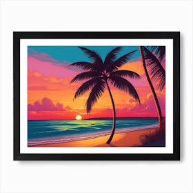 A Tranquil Beach At Sunset Horizontal Illustration 45 Art Print