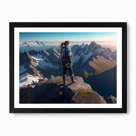 Girl Admiring The View From The Mountain Summit Art Print