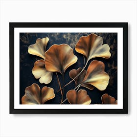 3d Floral Art with Golden Ginkgo Biloba Leaves on Dark Background 1 Art Print