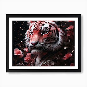 White Tiger Black Dark and Red with Flower Decoration Art Painting Art Print