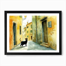 Black Cat In Livorno, Italy, Street Art Watercolour Painting 2 Art Print