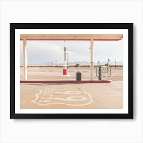 Route 66, USA I Retro vintage gas station in California Mojave Desert with sunny pastel aesthetic photography at the legendary Roy's Motel Cafe in the American countryside with its analog film ambience vibes Art Print