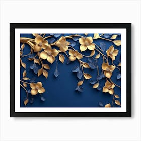 Gold Flowers On Blue Background Poster