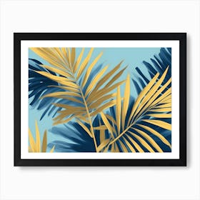 Palm Leaves On Blue Back ground, Bold of yellow and blue colors, 1292 Art Print