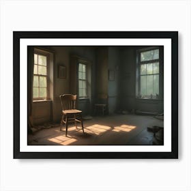 A Single Chair In A Dimly Lit Room With Sunlight Streaming Through The Windows, Creating A Sense Of Emptiness And Nostalgia Art Print