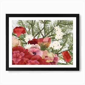 Red And White Flowers Green Foliage arrangement Art Print