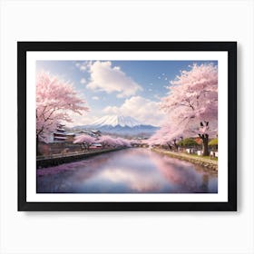 Cherry Blossom Bliss: A Beautiful Wall Art of Mount Fuji in Spring Art Print