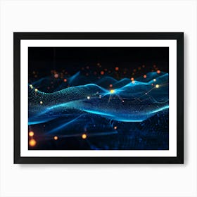 Abstract Digital Painting Portraying A Geometric Pattern Of Glowing Net Like Waves Traversing A Dot (3) Art Print