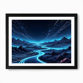 A Winding Road Illuminated By Blue Neon Lights Meanders Through A Mountainous Landscape Beneath A Starry Night Sky Art Print