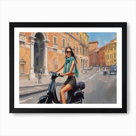 Italian girl riding her scooter wall art poster Art Print