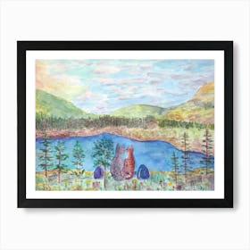 Cats Have Fun Cats On A Hike On A Lake In The Mountains Art Print