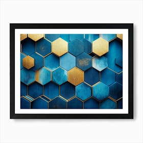 Geometric Hexagon Abstraction On Blue Background With Gold Accents 2 Art Print